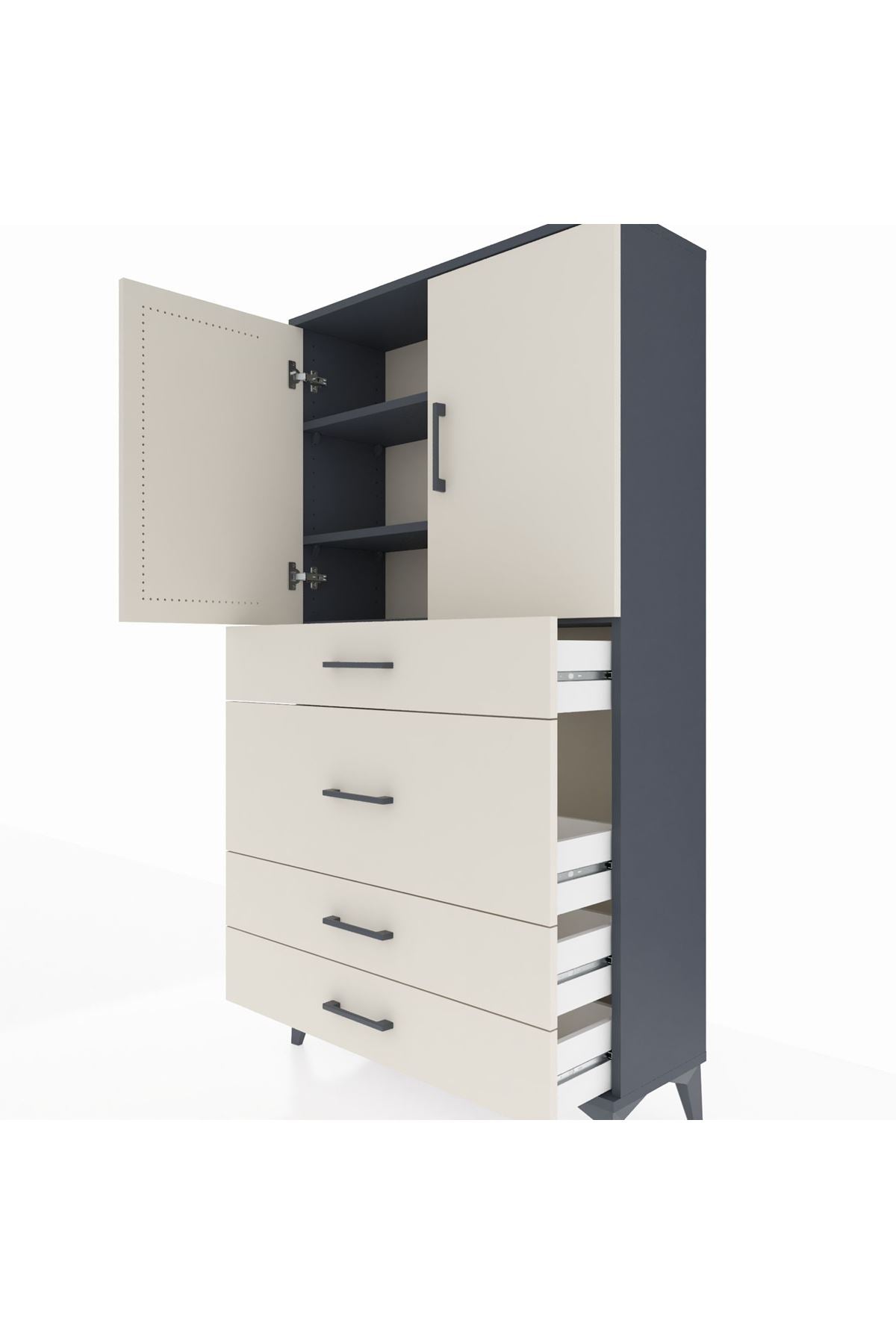 Arges Dolap 3 Raflı 4 Çekmeceli 2 Kapaklı 88x30x163 Antrasit-Aytaşı