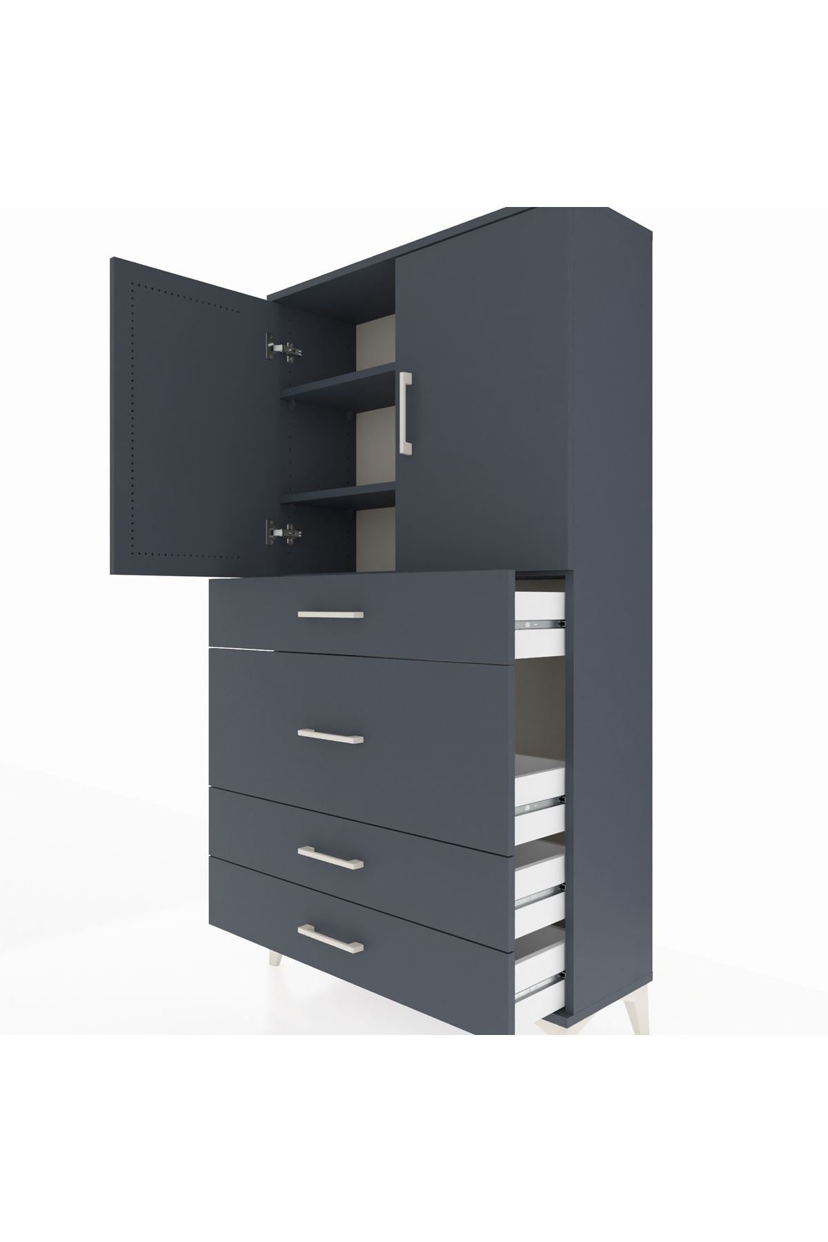 Arges Dolap 3 Raflı 4 Çekmeceli 2 Kapaklı 88x30x163 Antrasit-Antrasit