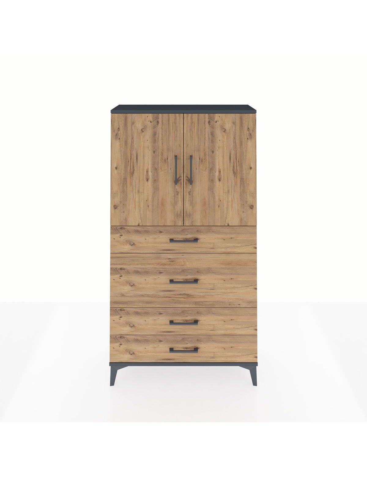 Arges Dolap 3 Raflı 4 Çekmeceli 2 Kapaklı 88x30x163 Antrasit-Çam