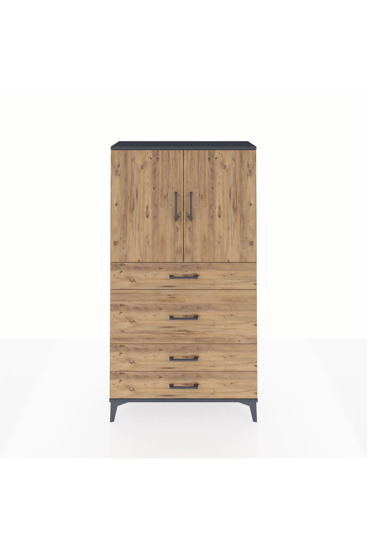 Arges Dolap 3 Raflı 4 Çekmeceli 2 Kapaklı 88x30x163 Antrasit-Çam