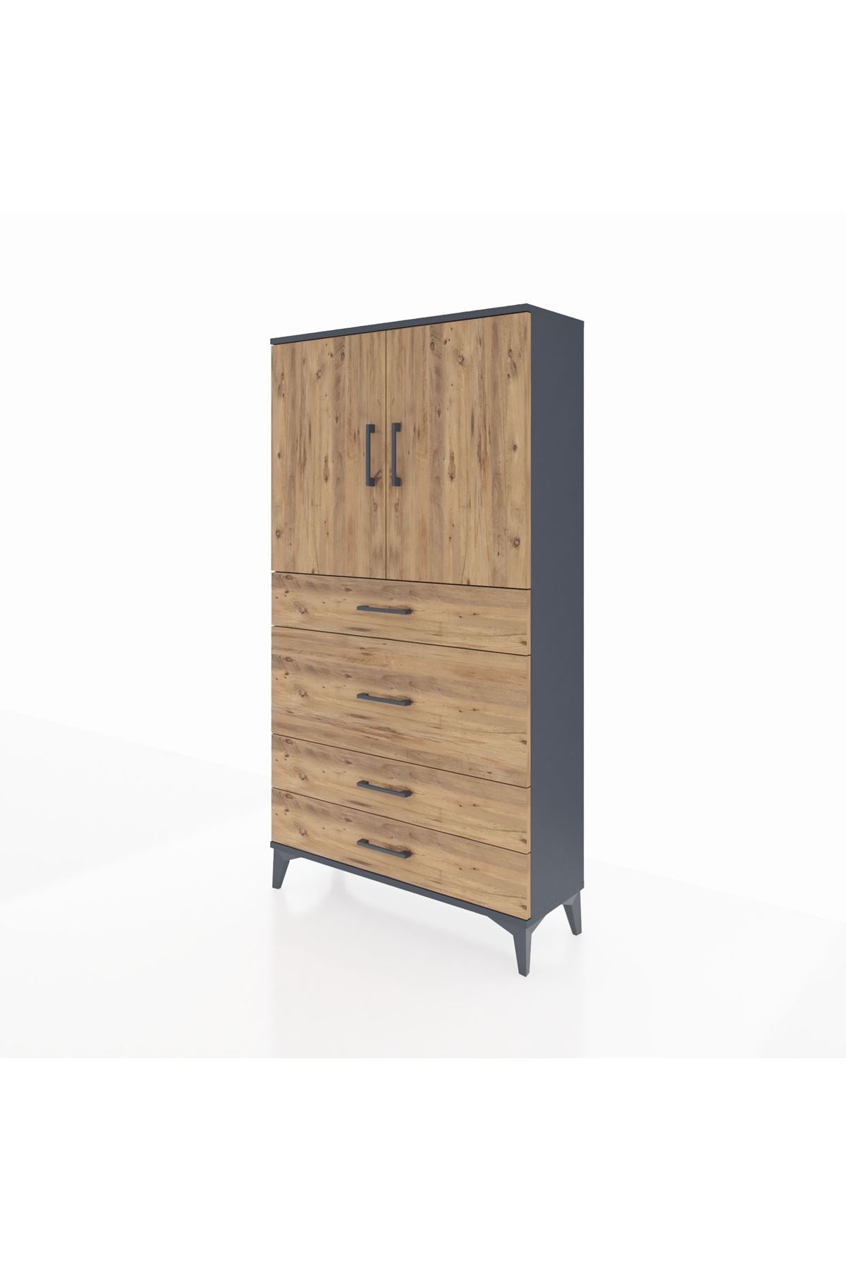 Arges Dolap 3 Raflı 4 Çekmeceli 2 Kapaklı 88x30x163 Antrasit-Çam