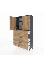 Arges Dolap 3 Raflı 4 Çekmeceli 2 Kapaklı 88x30x163 Antrasit-Çam