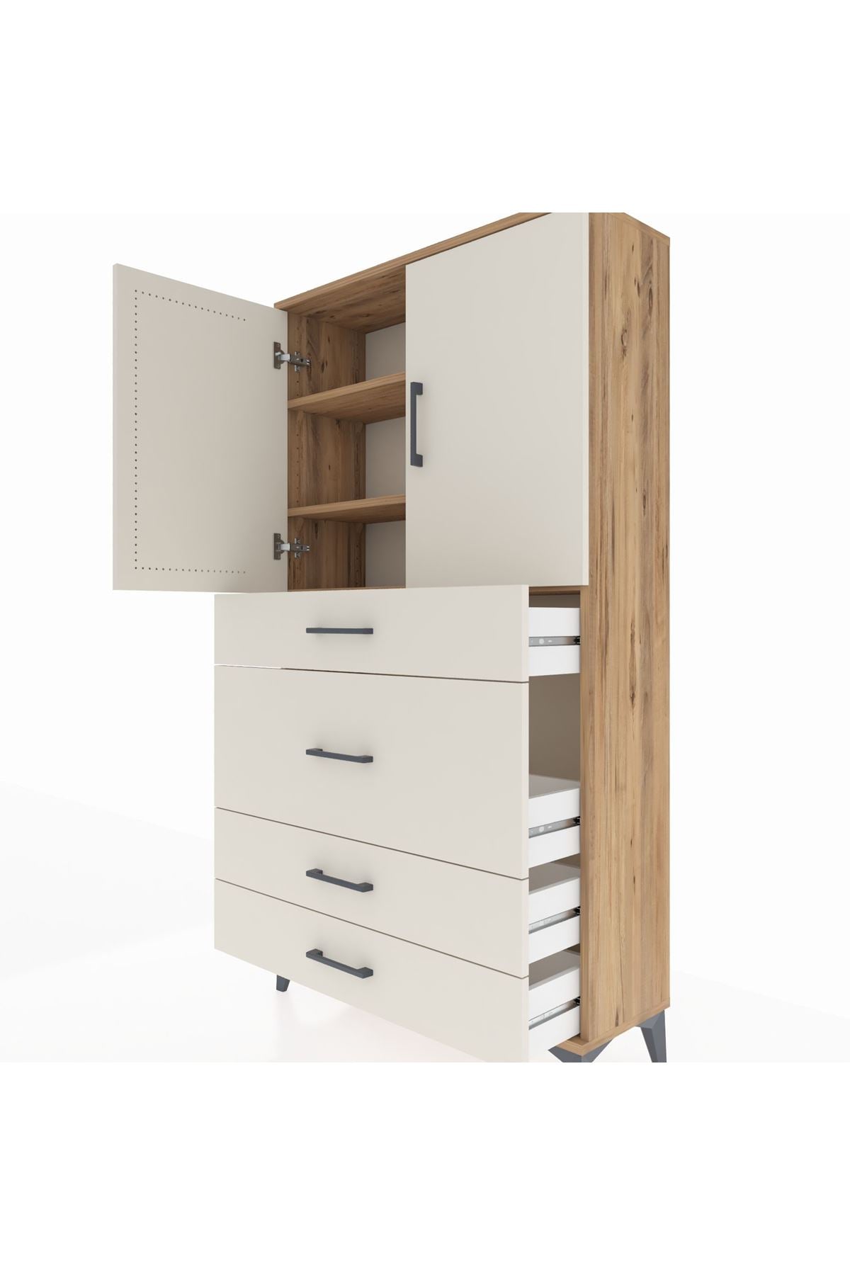 Arges Dolap 3 Raflı 4 Çekmeceli 2 Kapaklı 88x30x163 Çam-Aytaşı