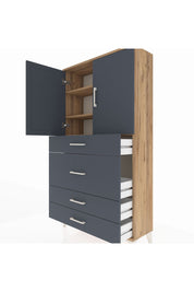Arges Dolap 3 Raflı 4 Çekmeceli 2 Kapaklı 88x30x163 Çam-Antrasit