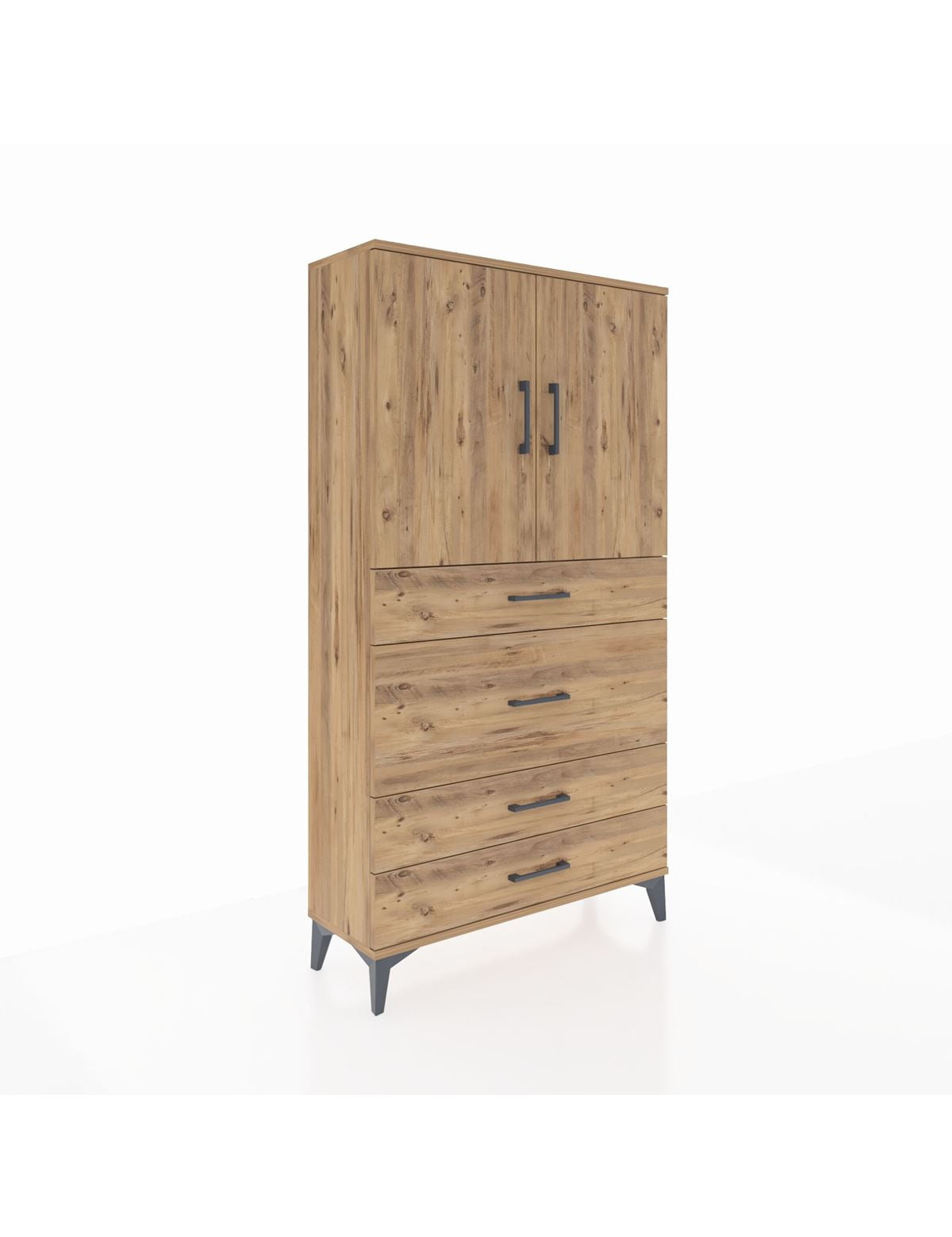 Arges Dolap 3 Raflı 4 Çekmeceli 2 Kapaklı 88x30x163 Çam-Çam