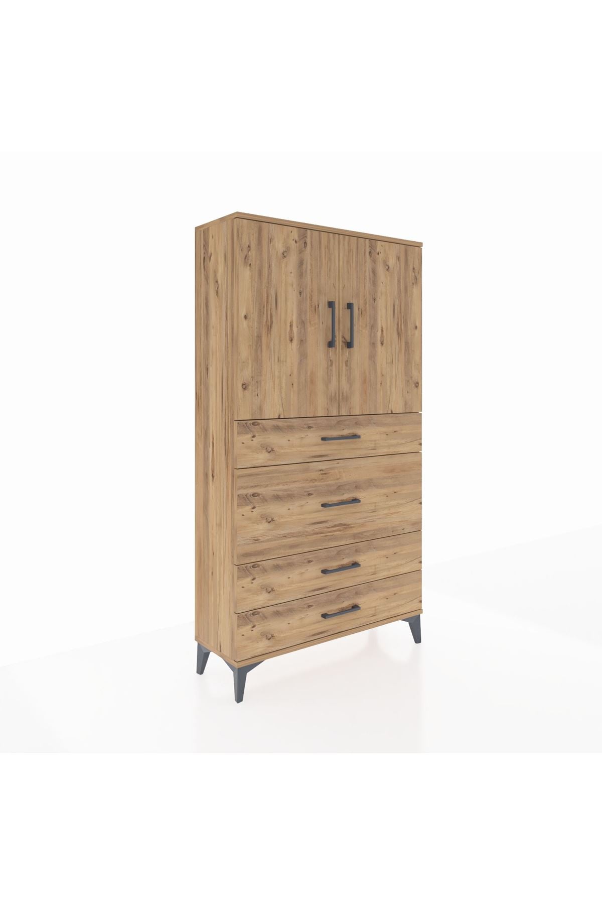 Arges Dolap 3 Raflı 4 Çekmeceli 2 Kapaklı 88x30x163 Çam-Çam