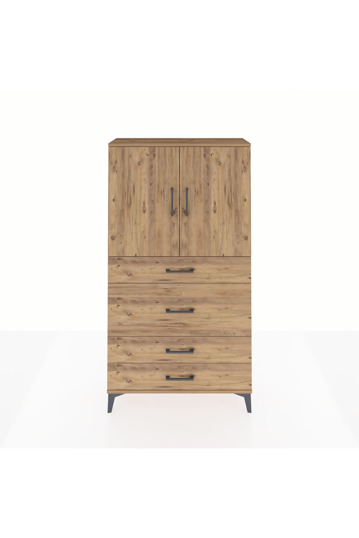 Arges Dolap 3 Raflı 4 Çekmeceli 2 Kapaklı 88x30x163 Çam-Çam