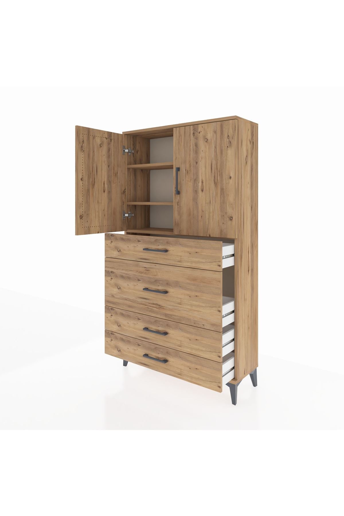 Arges Dolap 3 Raflı 4 Çekmeceli 2 Kapaklı 88x30x163 Çam-Çam