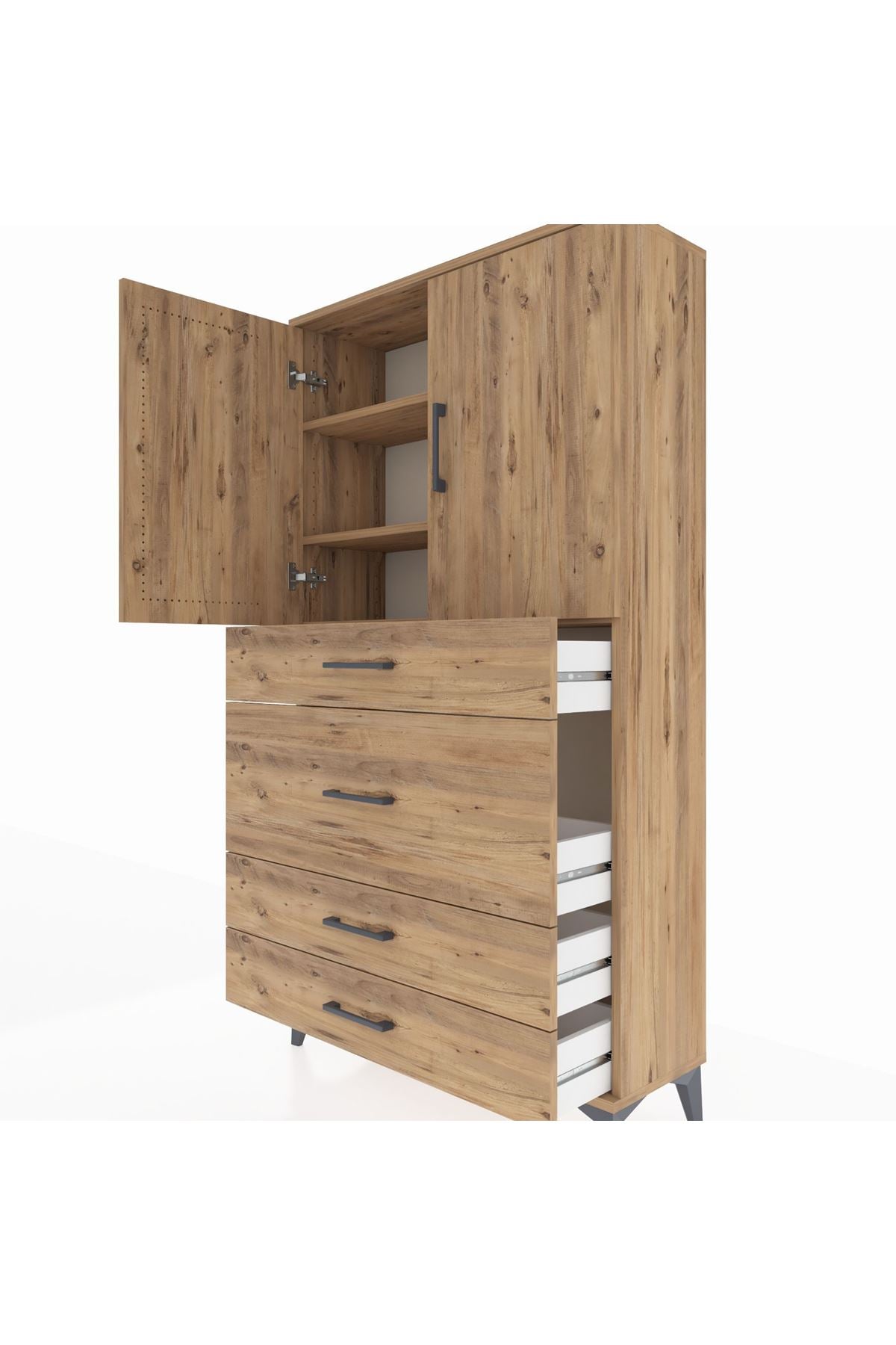 Arges Dolap 3 Raflı 4 Çekmeceli 2 Kapaklı 88x30x163 Çam-Çam