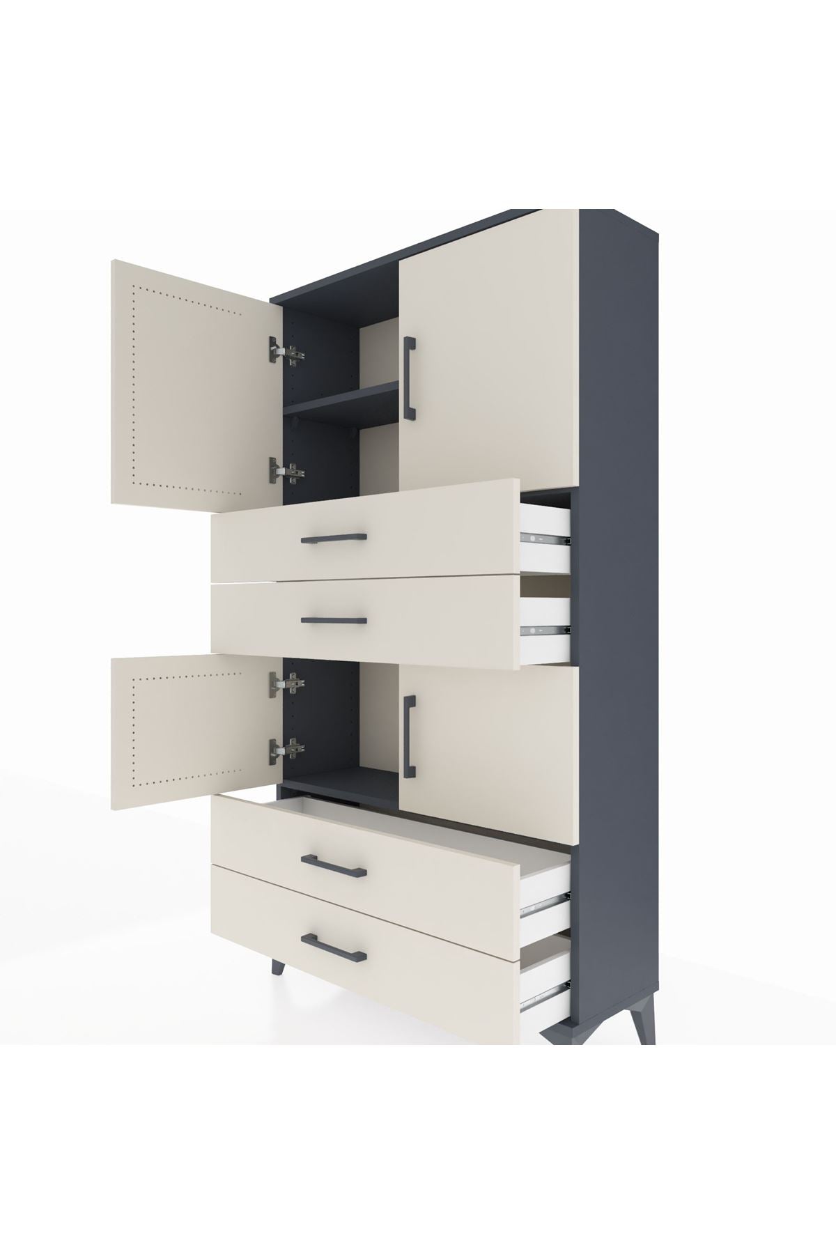 Arges Dolap 3 Raflı 4 Çekmeceli 4 Kapaklı 88x30x163 Antrasit-Aytaşı