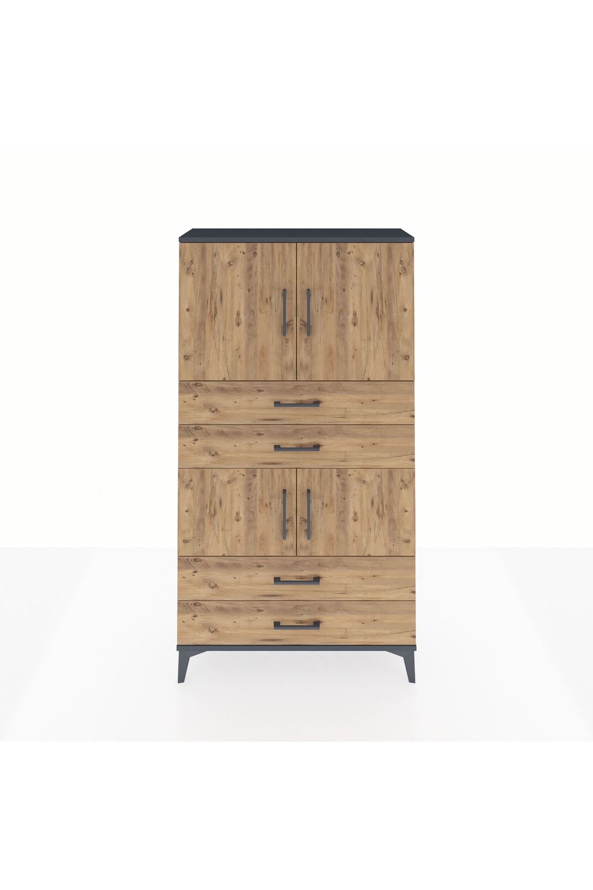 Arges Dolap 3 Raflı 4 Çekmeceli 4 Kapaklı 88x30x163 Antrasit-Çam