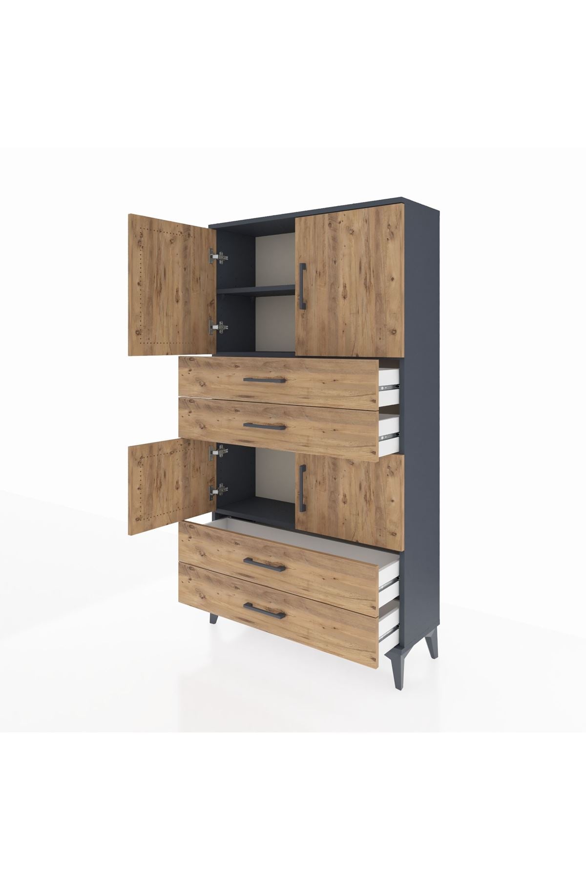 Arges Dolap 3 Raflı 4 Çekmeceli 4 Kapaklı 88x30x163 Antrasit-Çam