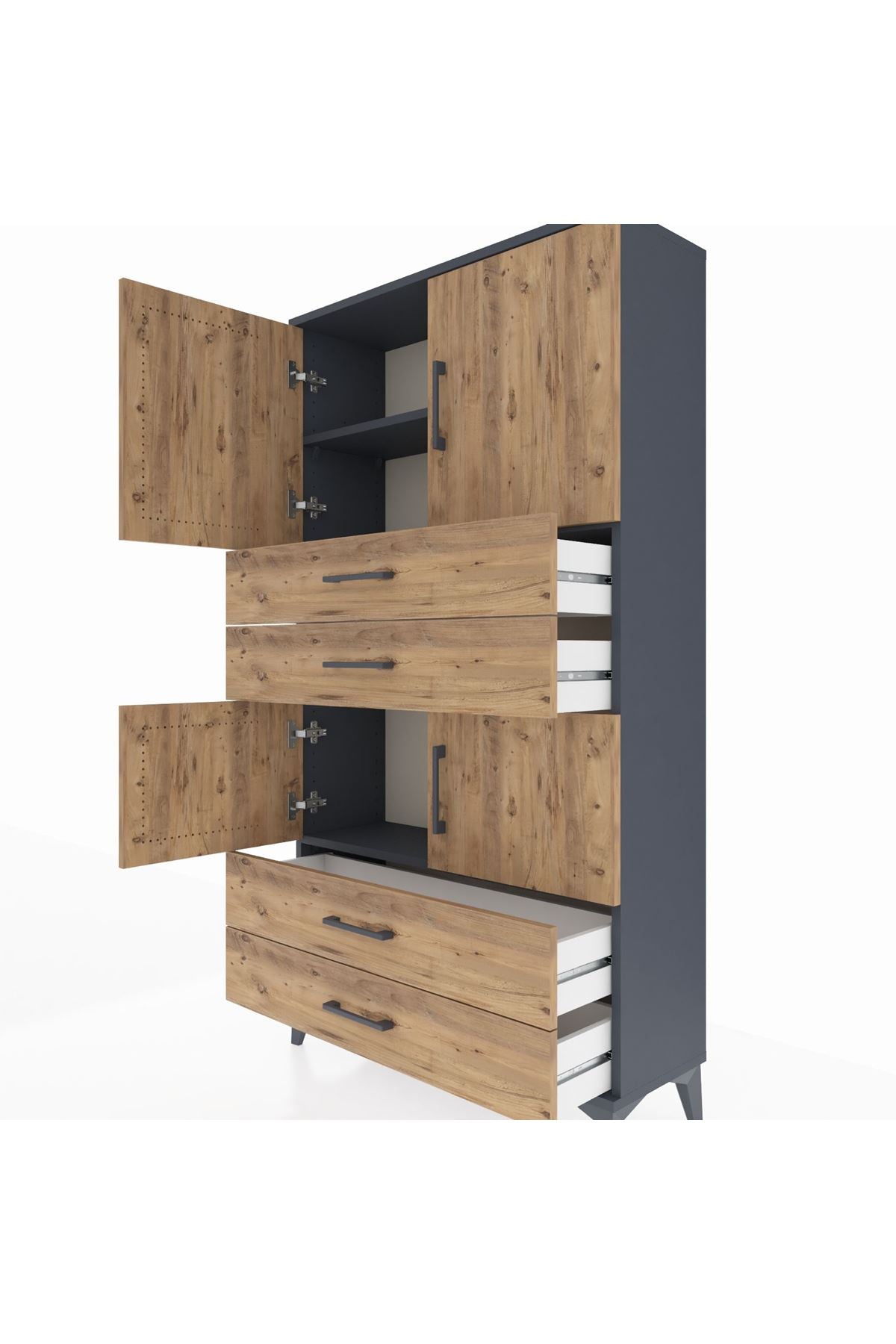 Arges Dolap 3 Raflı 4 Çekmeceli 4 Kapaklı 88x30x163 Antrasit-Çam