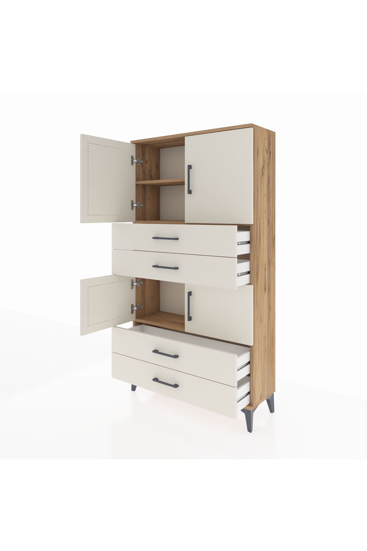 Arges Dolap 3 Raflı 4 Çekmeceli 4 Kapaklı 88x30x163 Çam-Aytaşı