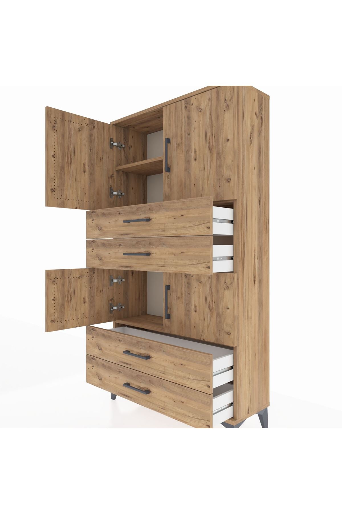 Arges Dolap 3 Raflı 4 Çekmeceli 4 Kapaklı 88x30x163 Çam-Çam