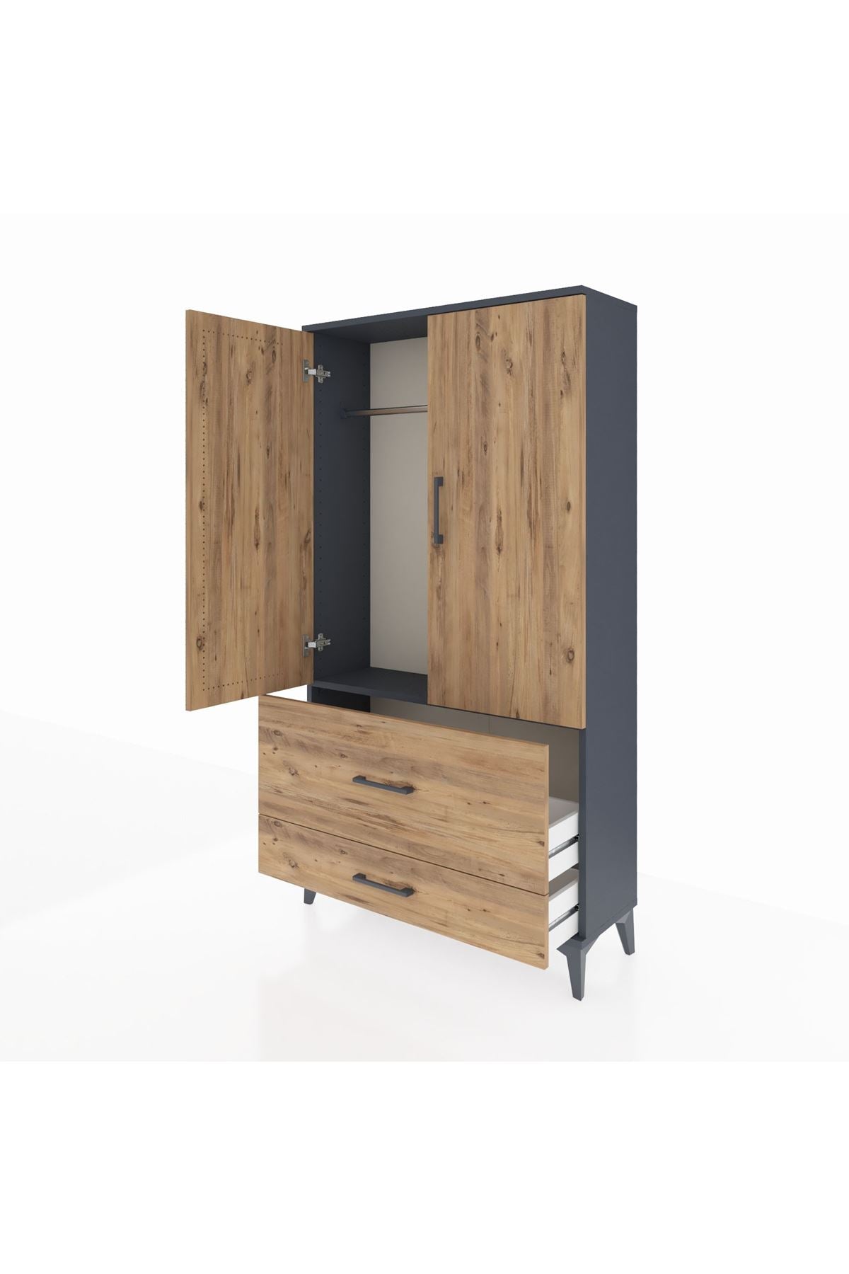 Arges Dolap Tek Raflı 2 Çekmeceli Tek Askılı 88x30x163 Antrasit-Çam