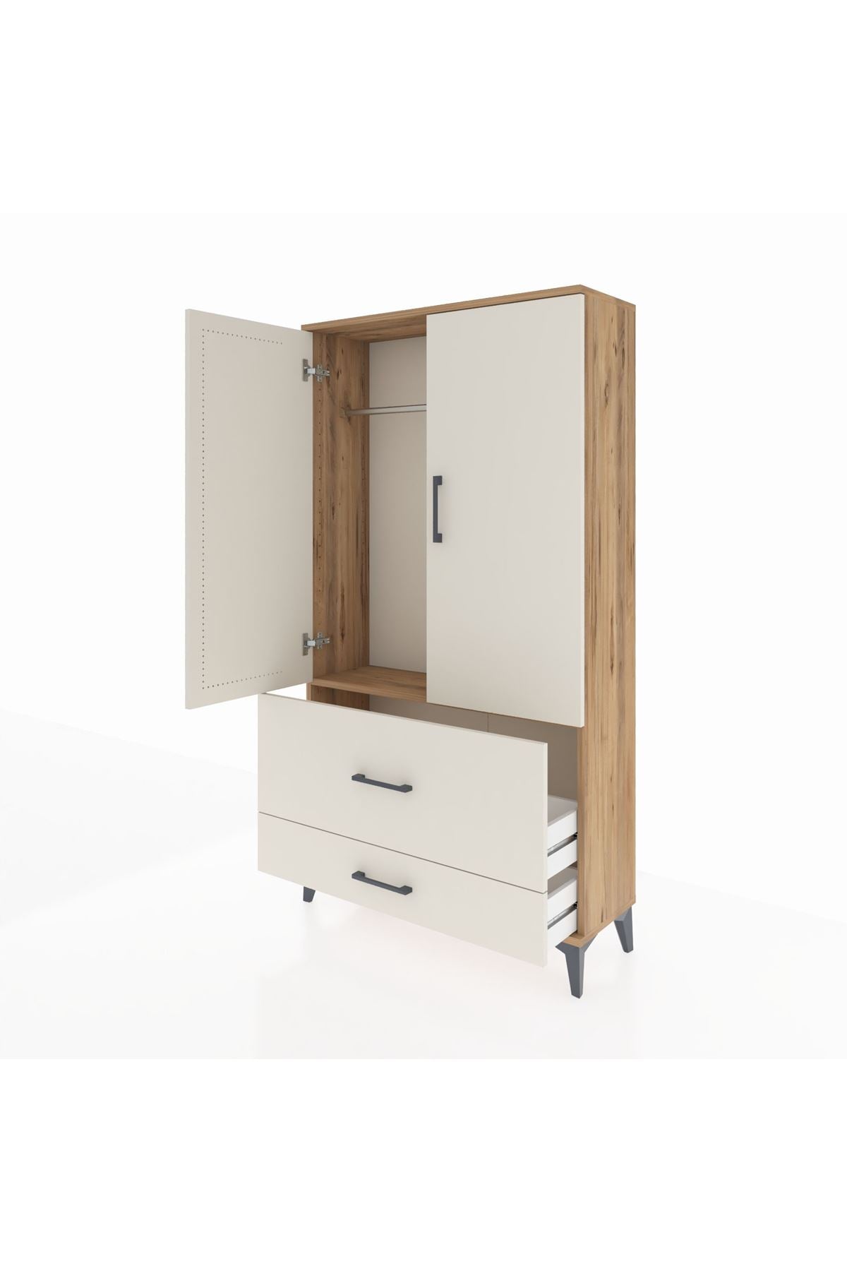 Arges Dolap Tek Raflı 2 Çekmeceli Tek Askılı 88x30x163 Çam-Aytaşı