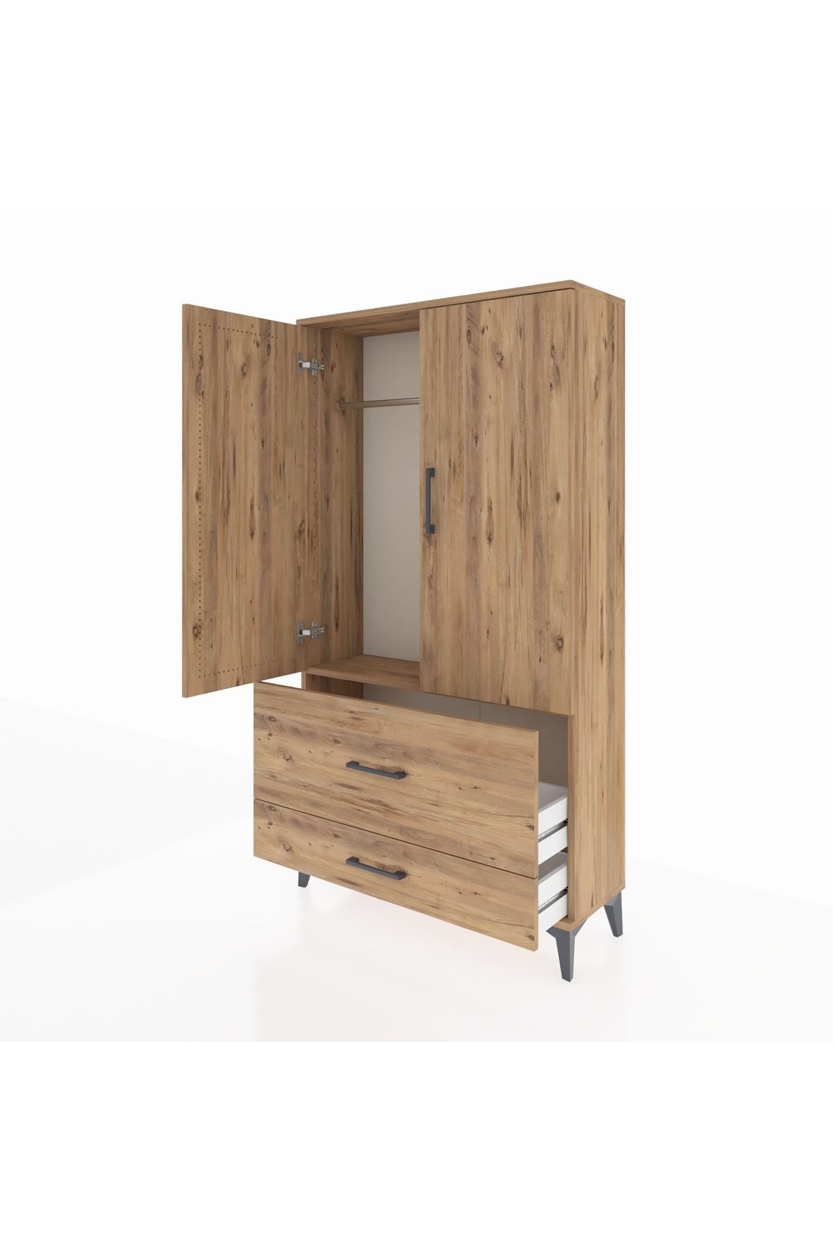 Arges Dolap Tek Raflı 2 Çekmeceli Tek Askılı 88x30x163 Çam-Çam