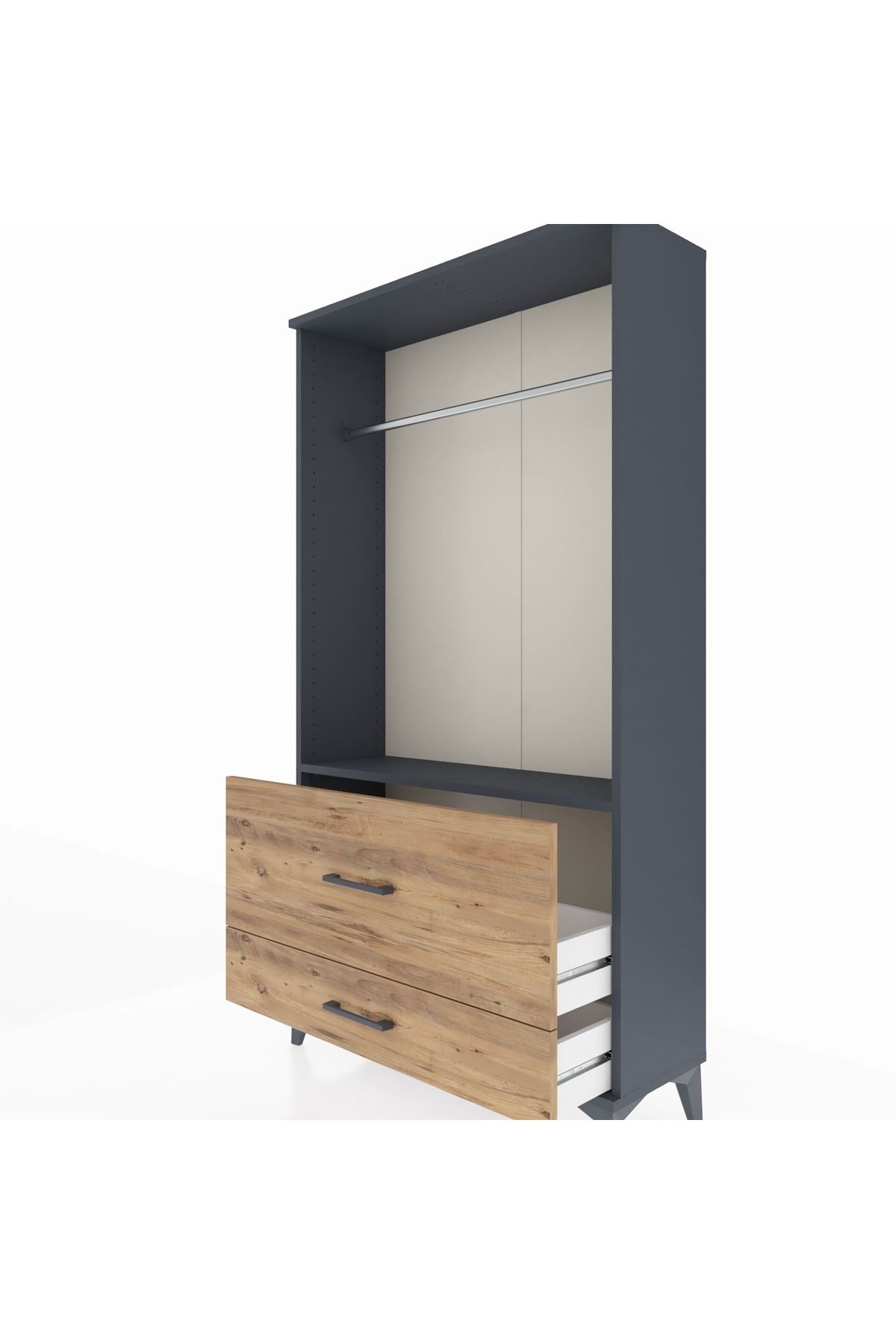 Arges Dolap Tek Raflı 2 Çekmeceli Tek Askılı 88x30x163 Antrasit-Çam