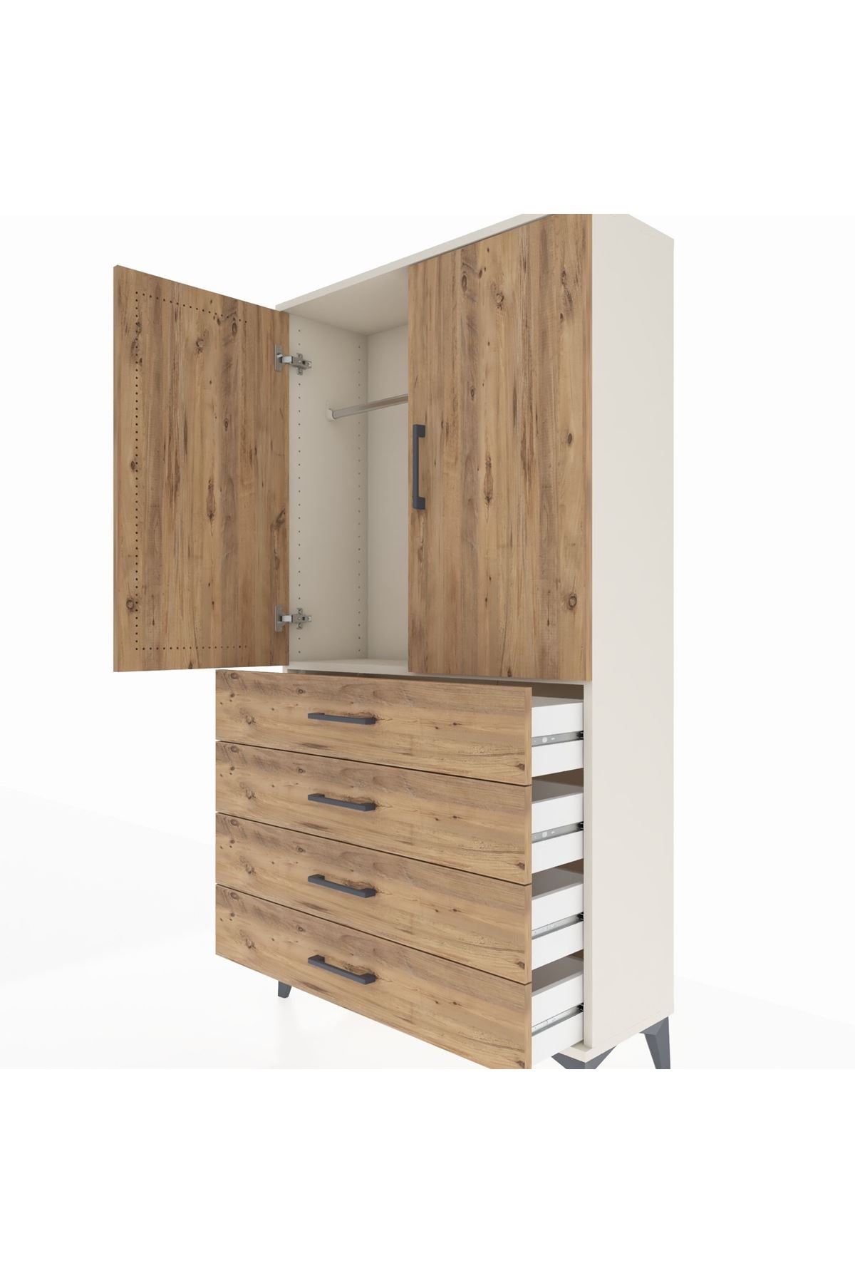 Arges Dolap Tek Raflı 4 Çekmeceli Tek Askılı 88x30x163 Aytaşı-Çam