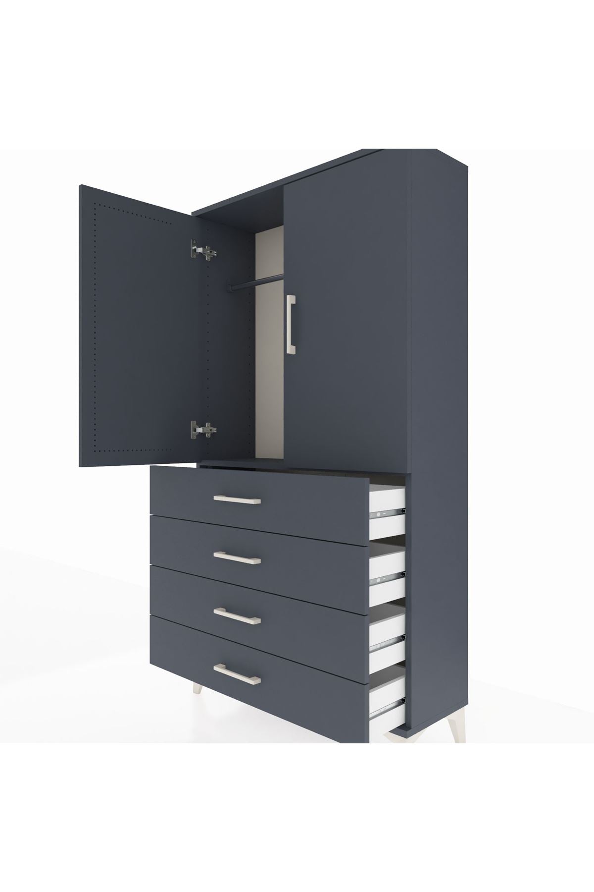 Arges Dolap Tek Raflı 4 Çekmeceli Tek Askılı 88x30x163 Antrasit-Antrasit