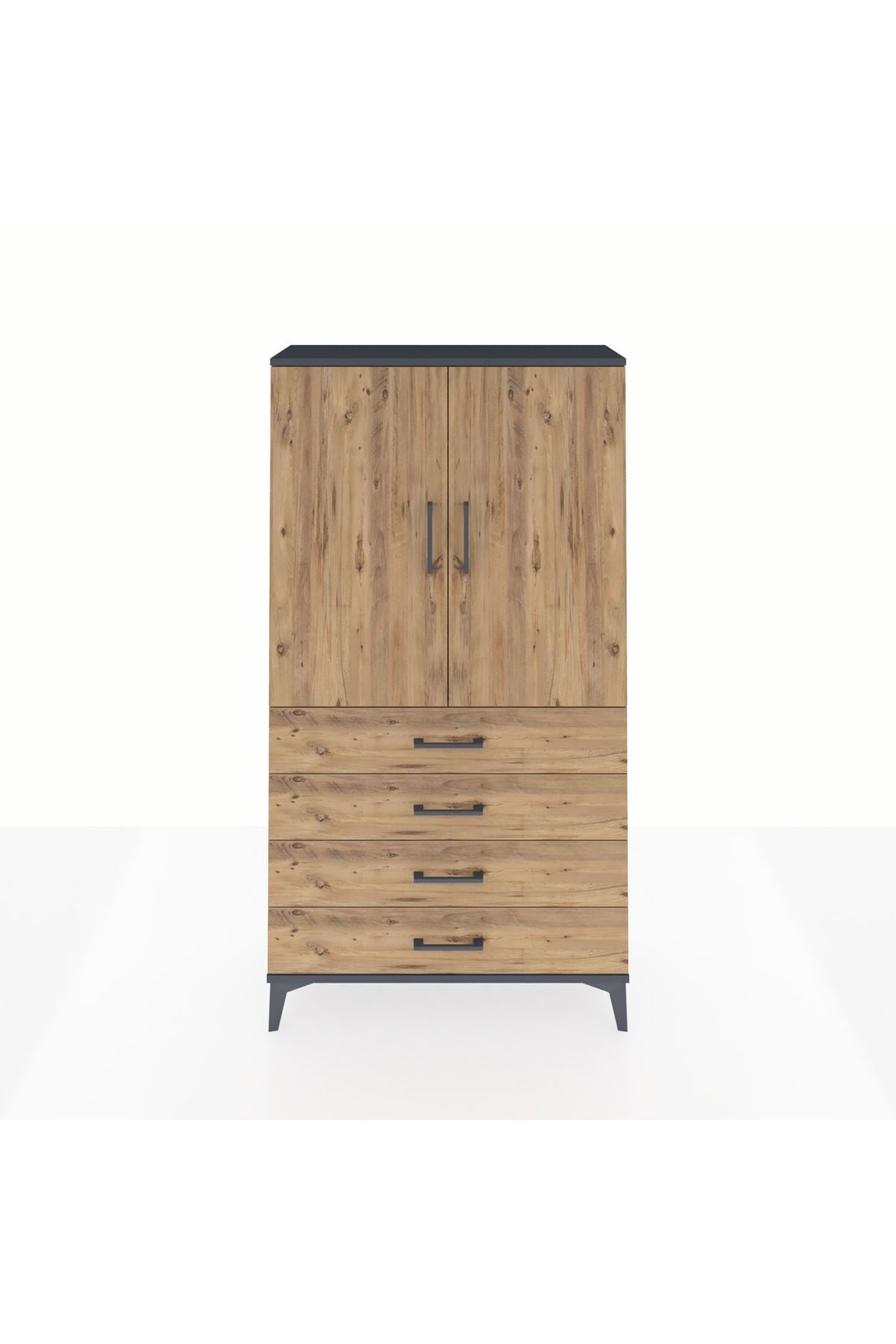 Arges Dolap Tek Raflı 4 Çekmeceli Tek Askılı 88x30x163 Antrasit-Çam