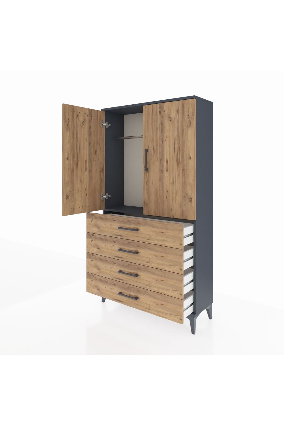 Arges Dolap Tek Raflı 4 Çekmeceli Tek Askılı 88x30x163 Antrasit-Çam