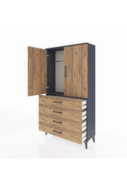 Arges Dolap Tek Raflı 4 Çekmeceli Tek Askılı 88x30x163 Antrasit-Çam