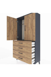 Arges Dolap Tek Raflı 4 Çekmeceli Tek Askılı 88x30x163 Antrasit-Çam