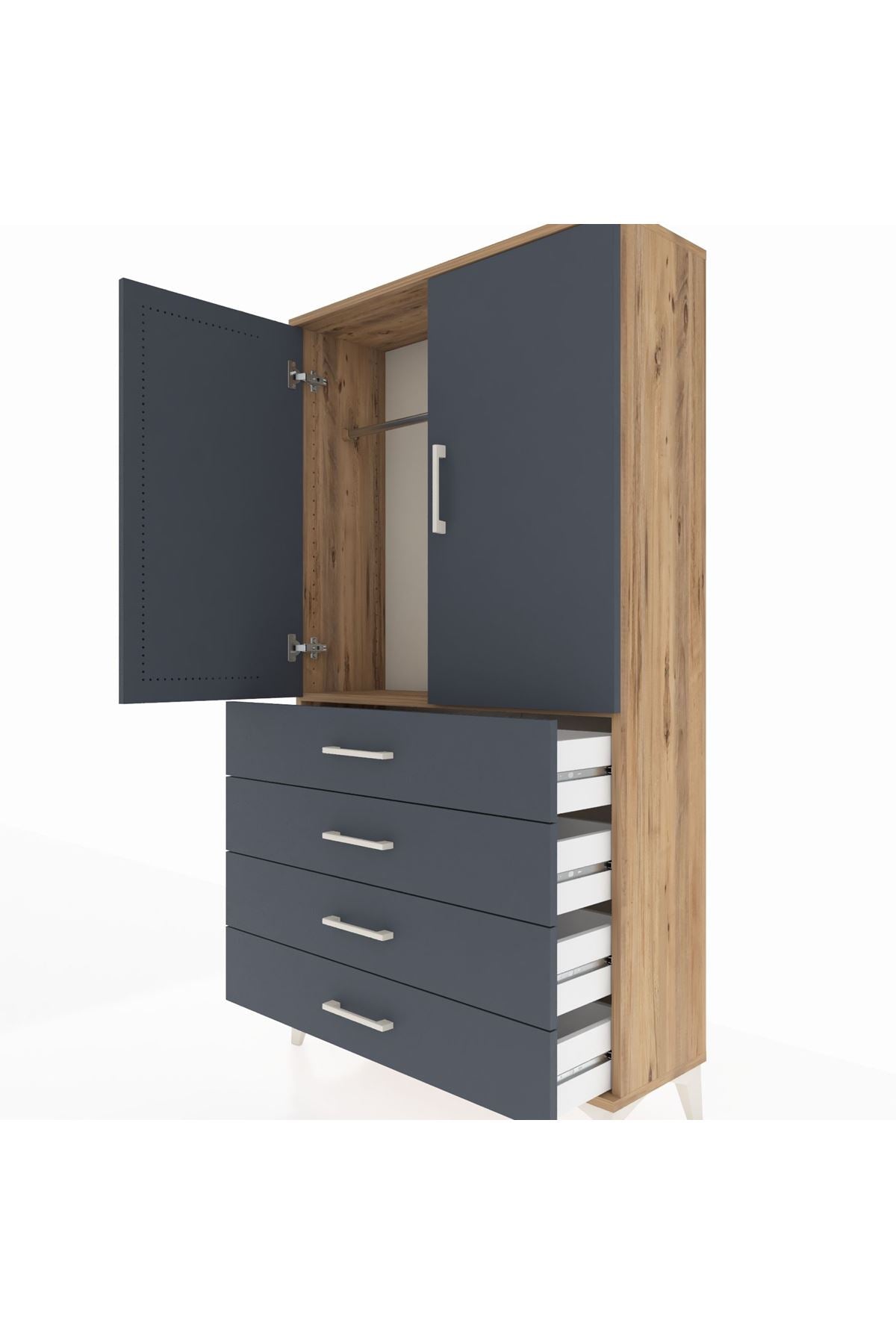 Arges Dolap Tek Raflı 4 Çekmeceli Tek Askılı 88x30x163 Çam-Antrasit