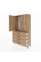 Arges Dolap Tek Raflı 4 Çekmeceli Tek Askılı 88x30x163 Çam-Çam