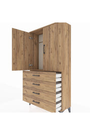 Arges Dolap Tek Raflı 4 Çekmeceli Tek Askılı 88x30x163 Çam-Çam