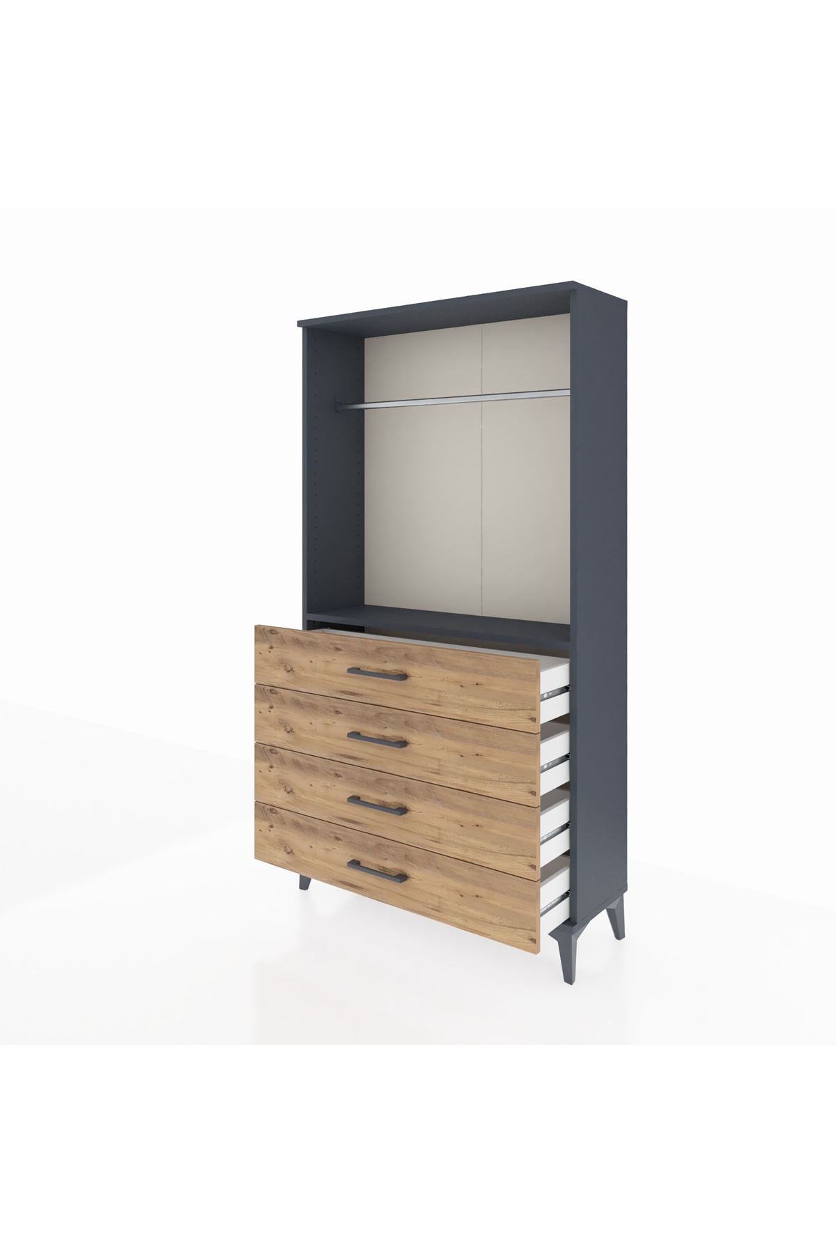 Arges Dolap Tek Raflı 4 Çekmeceli Tek Askılı 88x30x163 Antrasit-Çam