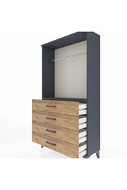 Arges Dolap Tek Raflı 4 Çekmeceli Tek Askılı 88x30x163 Antrasit-Çam