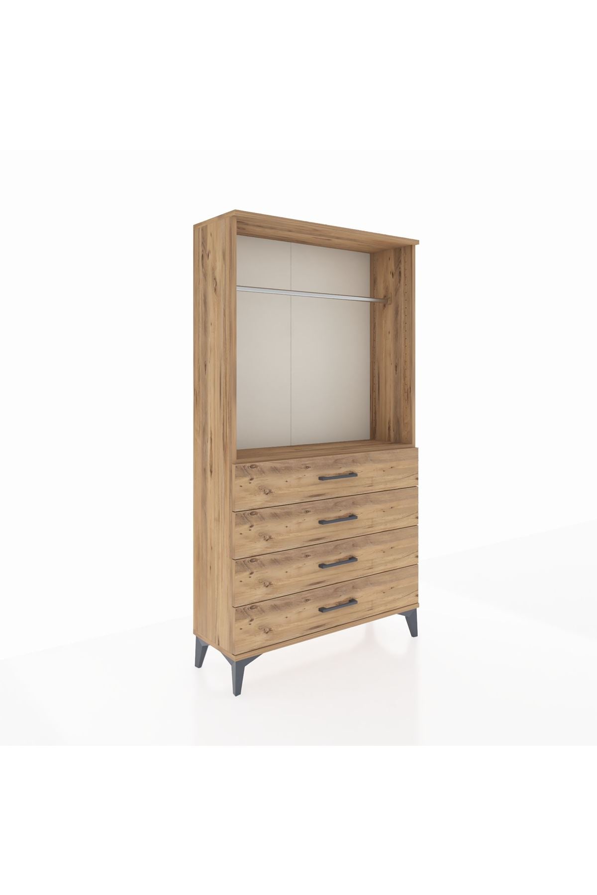 Arges Dolap Tek Raflı 4 Çekmeceli Tek Askılı 88x30x163 Çam-Çam