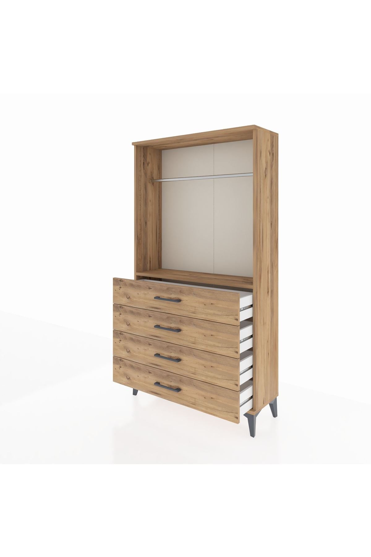 Arges Dolap Tek Raflı 4 Çekmeceli Tek Askılı 88x30x163 Çam-Çam