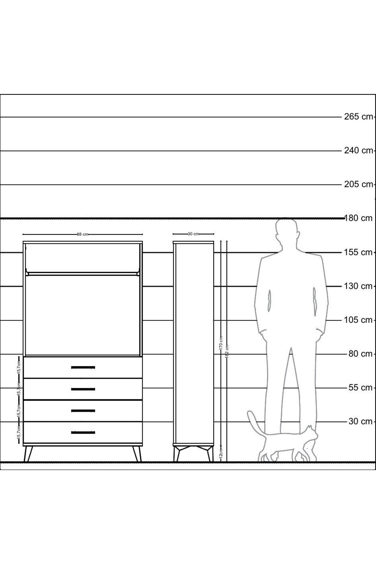 Arges Dolap Tek Raflı 4 Çekmeceli Tek Askılı 88x30x163 Çam-Çam