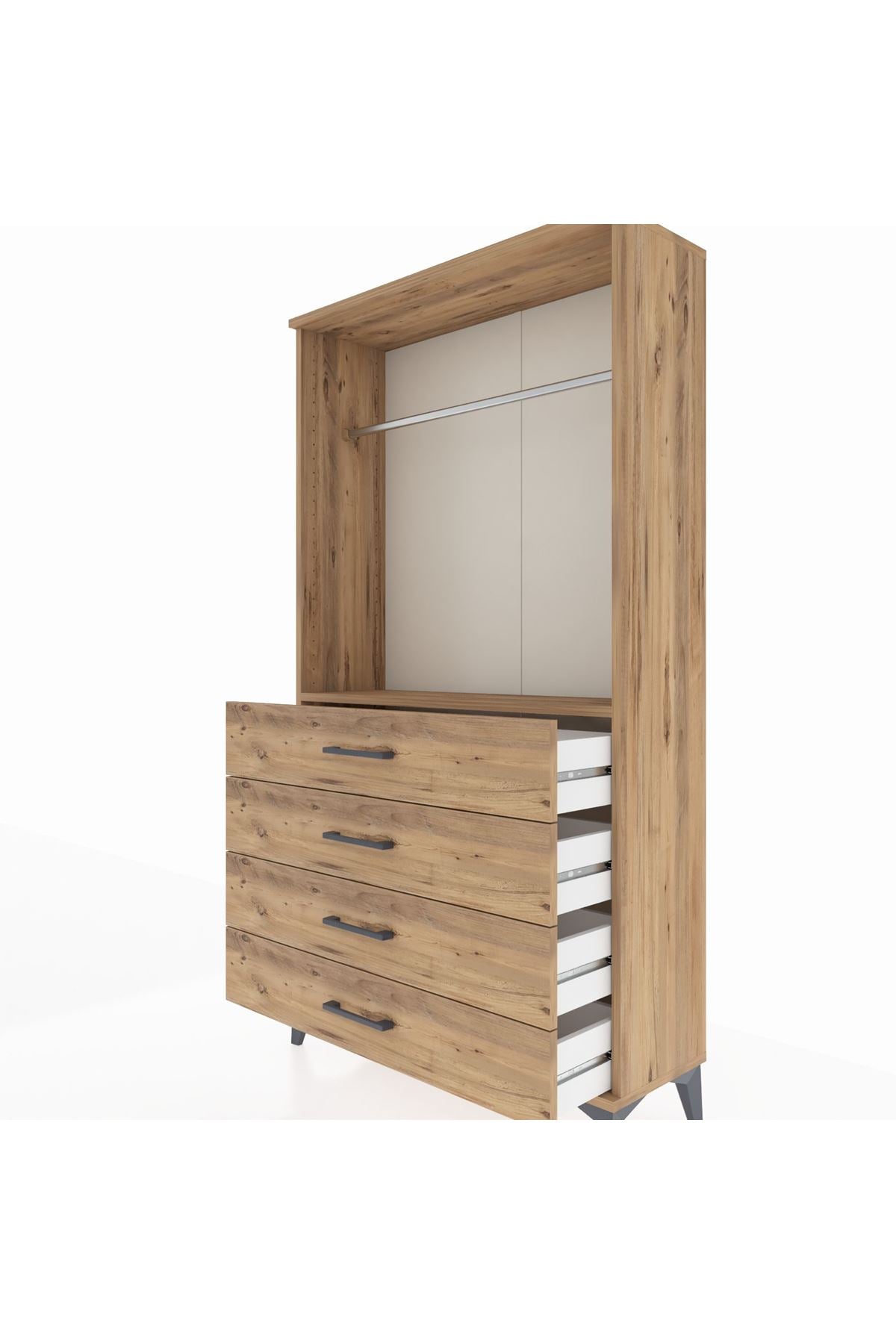 Arges Dolap Tek Raflı 4 Çekmeceli Tek Askılı 88x30x163 Çam-Çam