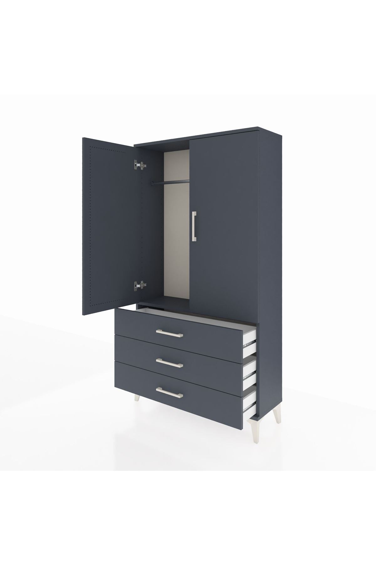 Arges Dolap Tek Raflı 3 Çekmeceli Tek Askılı 88x30x163 Antrasit-Antrasit