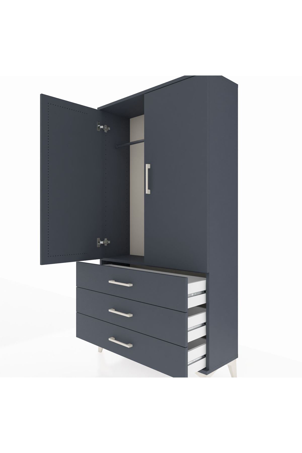Arges Dolap Tek Raflı 3 Çekmeceli Tek Askılı 88x30x163 Antrasit-Antrasit