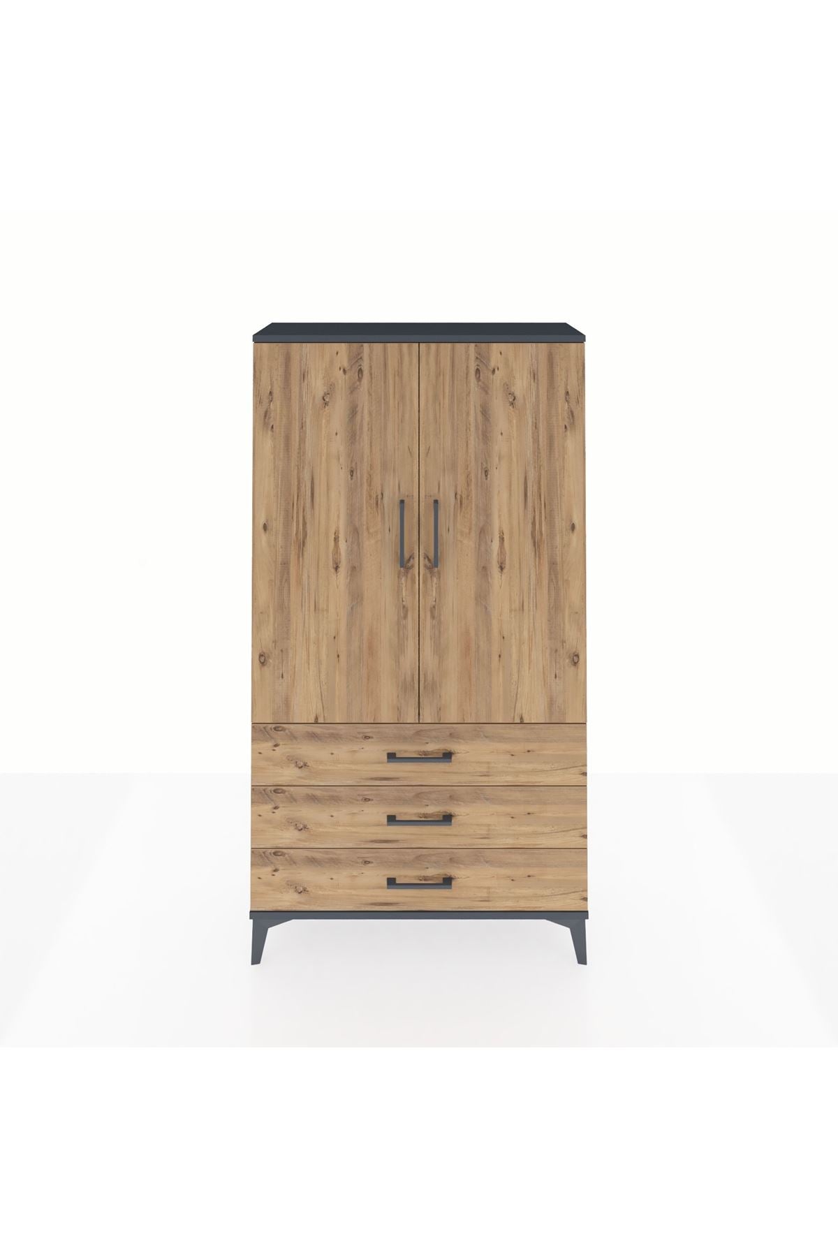 Arges Dolap Tek Raflı 3 Çekmeceli Tek Askılı 88x30x163 Antrasit-Çam