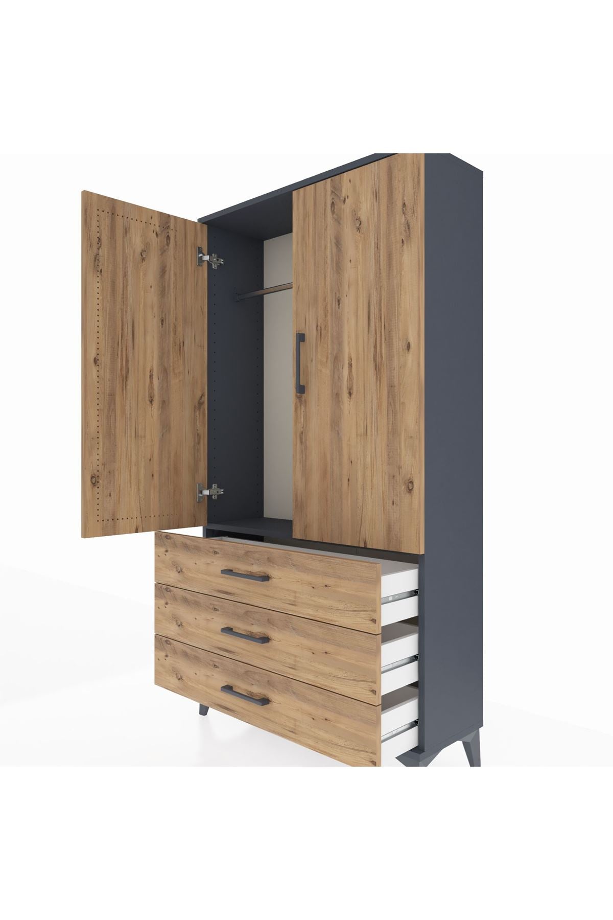 Arges Dolap Tek Raflı 3 Çekmeceli Tek Askılı 88x30x163 Antrasit-Çam