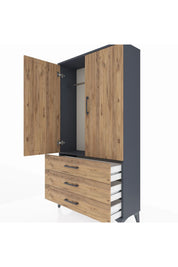 Arges Dolap Tek Raflı 3 Çekmeceli Tek Askılı 88x30x163 Antrasit-Çam