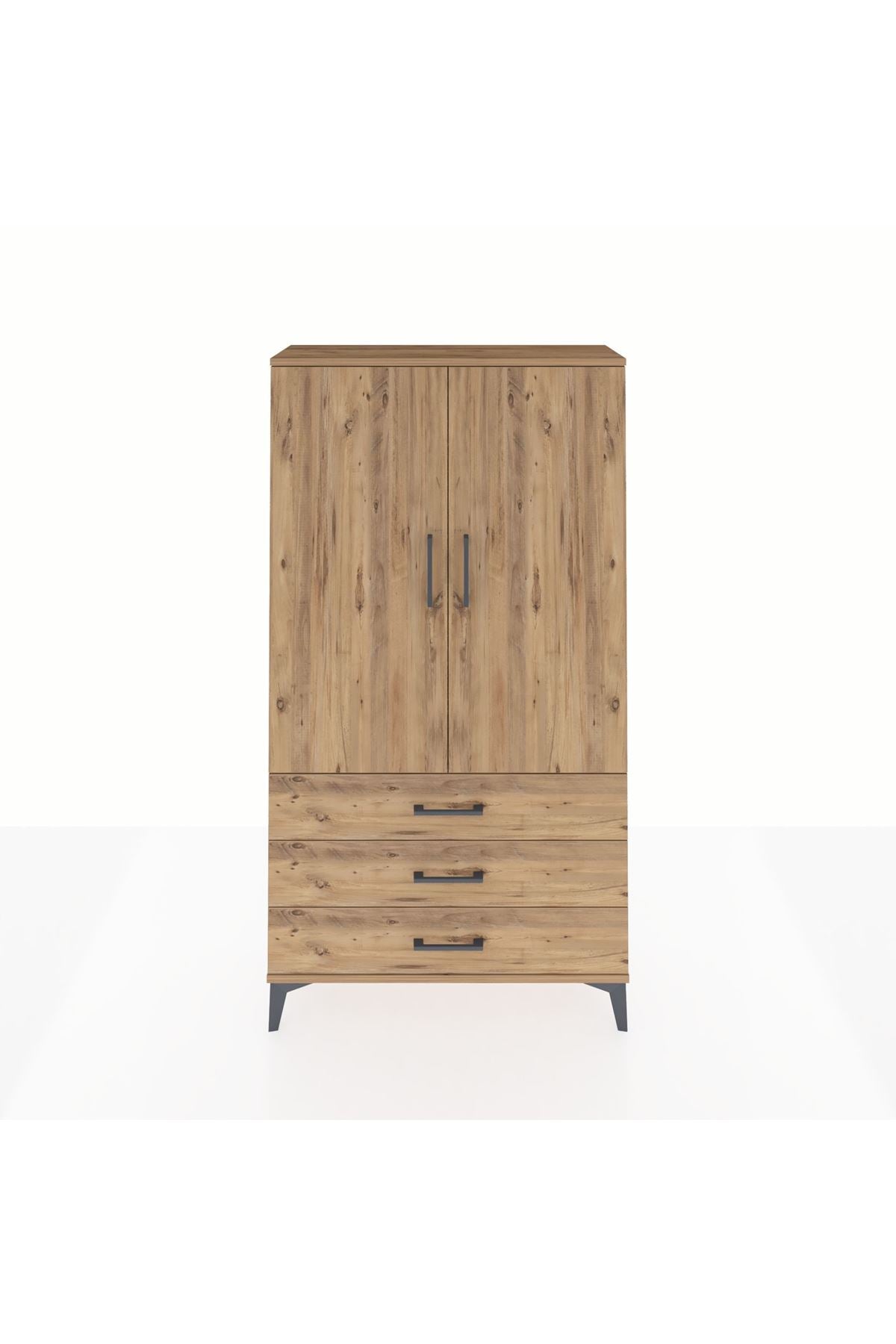 Arges Dolap Tek Raflı 3 Çekmeceli Tek Askılı 88x30x163 Çam-Çam