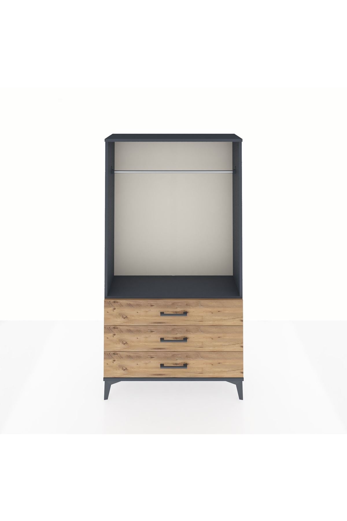 Arges Dolap Tek Raflı 3 Çekmeceli Tek Askılı 88x30x163 Antrasit-Çam