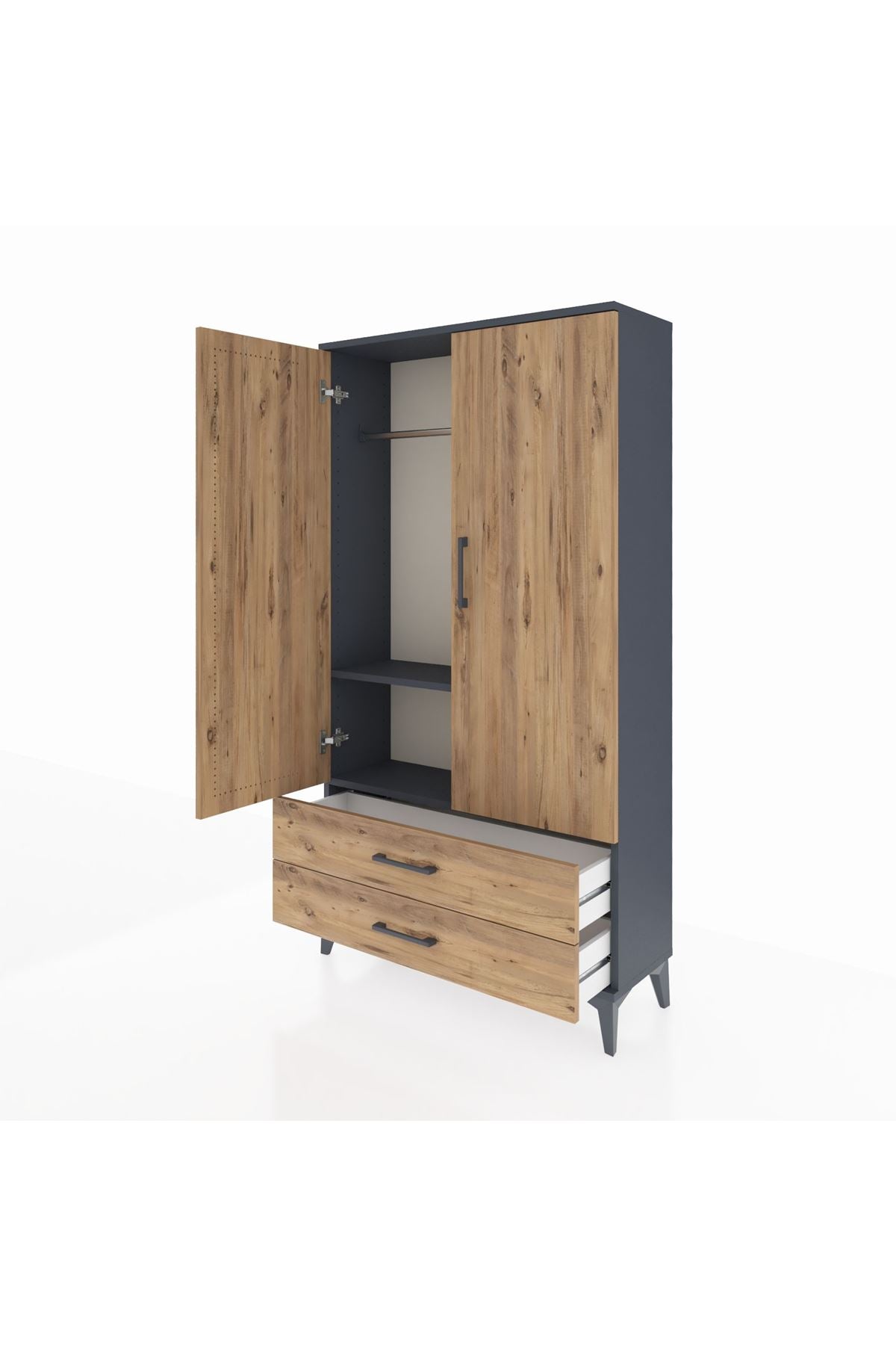 Arges Dolap 2 Raflı 2 Çekmeceli Tek Askılı 88x30x163 Antrasit-Çam