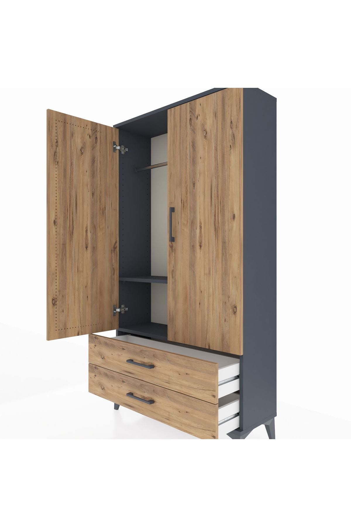 Arges Dolap 2 Raflı 2 Çekmeceli Tek Askılı 88x30x163 Antrasit-Çam