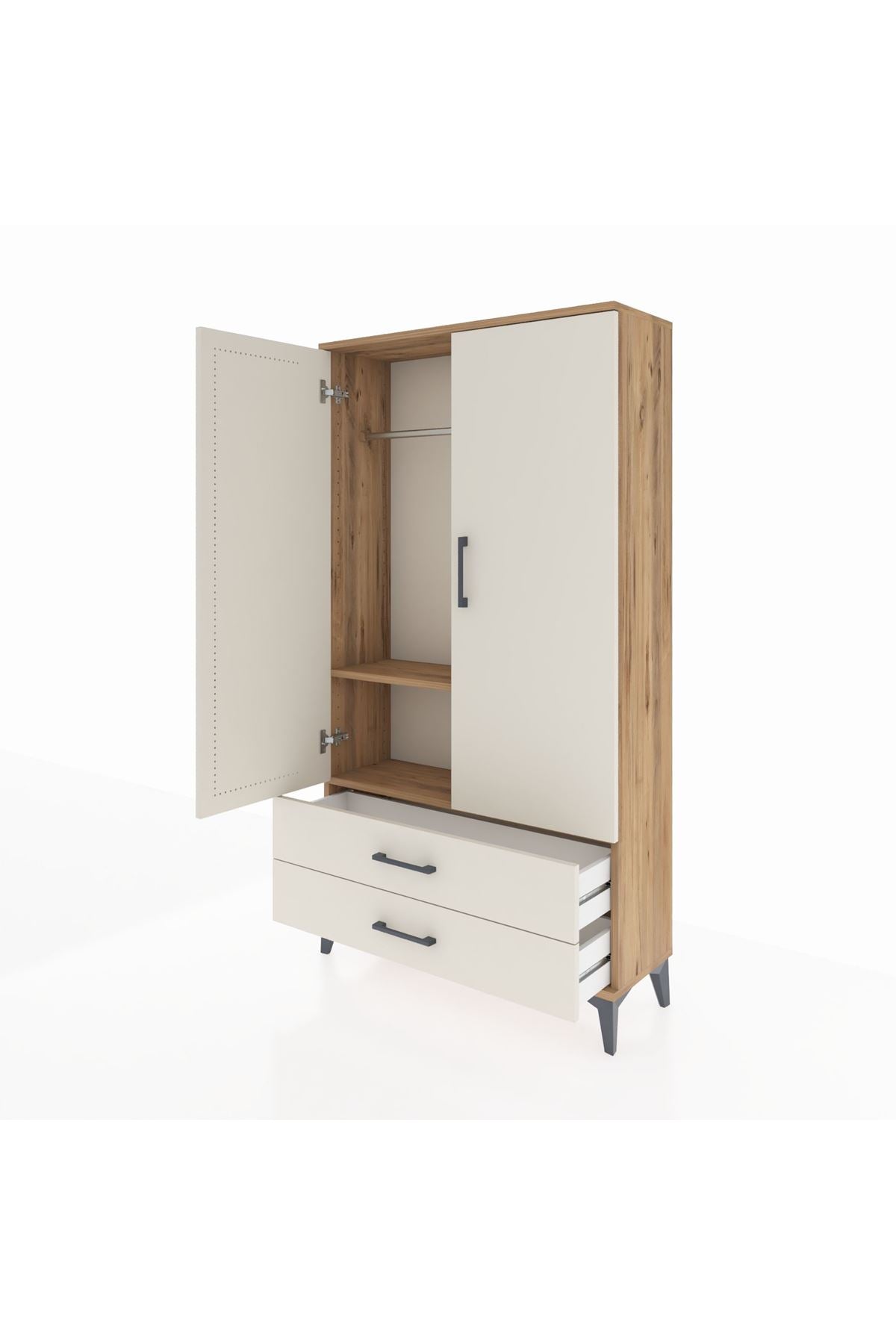 Arges Dolap 2 Raflı 2 Çekmeceli Tek Askılı 88x30x163 Çam-Aytaşı