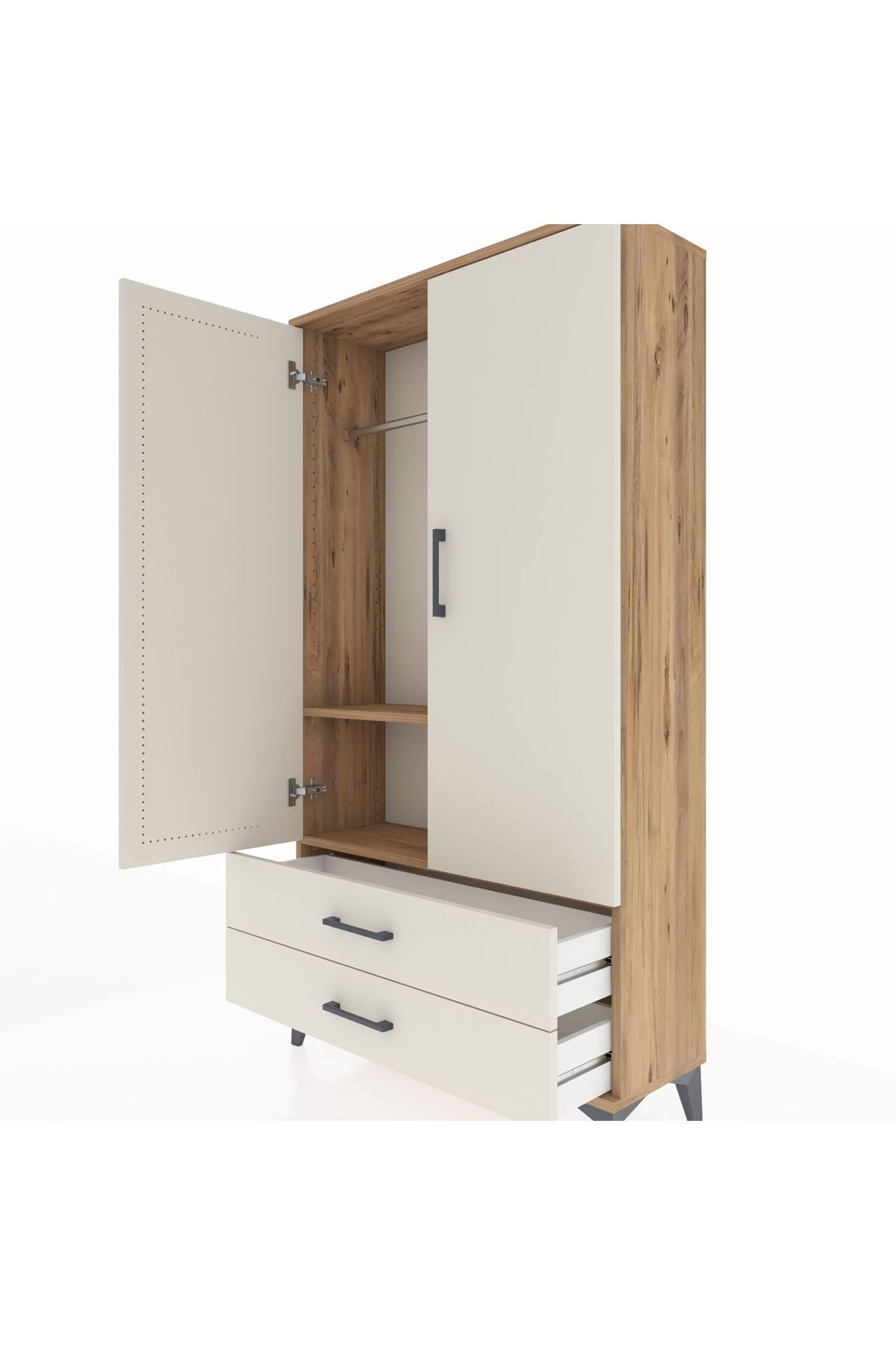Arges Dolap 2 Raflı 2 Çekmeceli Tek Askılı 88x30x163 Çam-Aytaşı