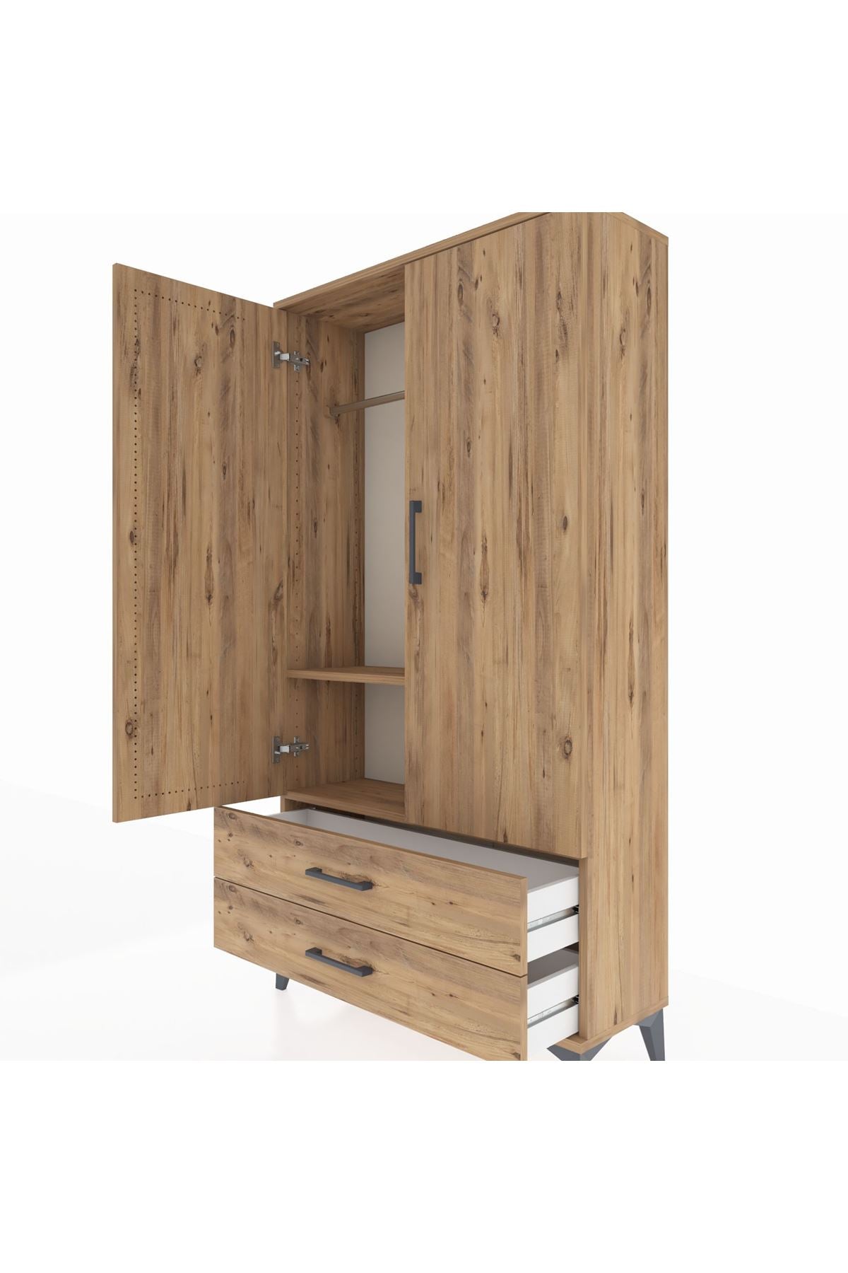 Arges Dolap 2 Raflı 2 Çekmeceli Tek Askılı 88x30x163 Çam-Çam